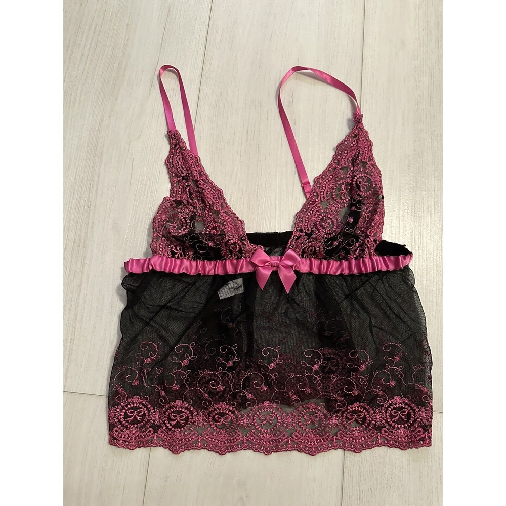 Vintage Frederick's Of Hollywood Sheer Black Lacy Empire Babydoll Camisole Top L